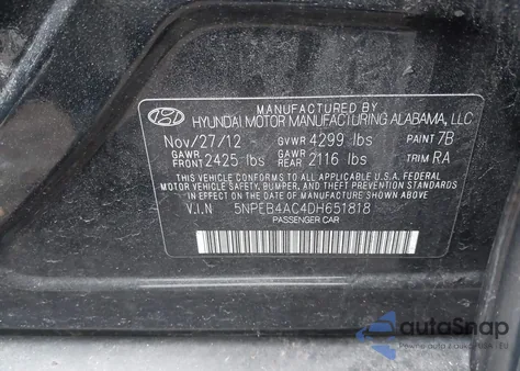 2013 Hyundai Sonata Gls из США, поврежденный, VIN 5NPEB4AC4DH651818